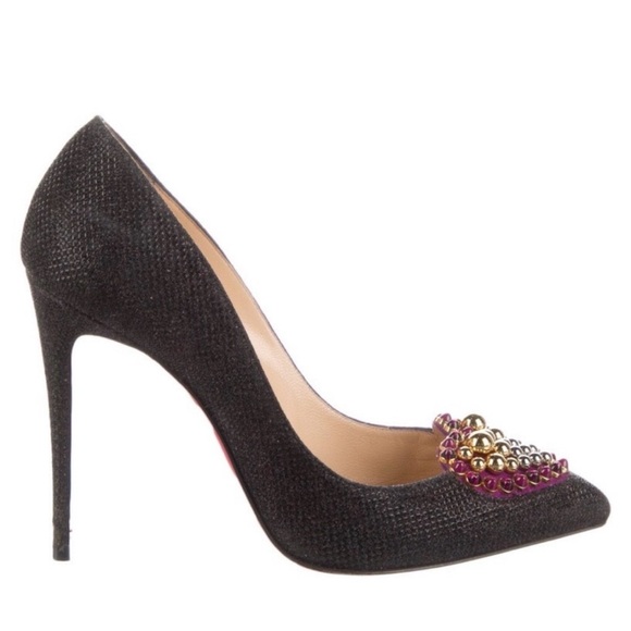 CHRISTIAN LOUBOUTIN Black Glitter Coralta Mia Gold Beaded Heart 100 Pump Size 37